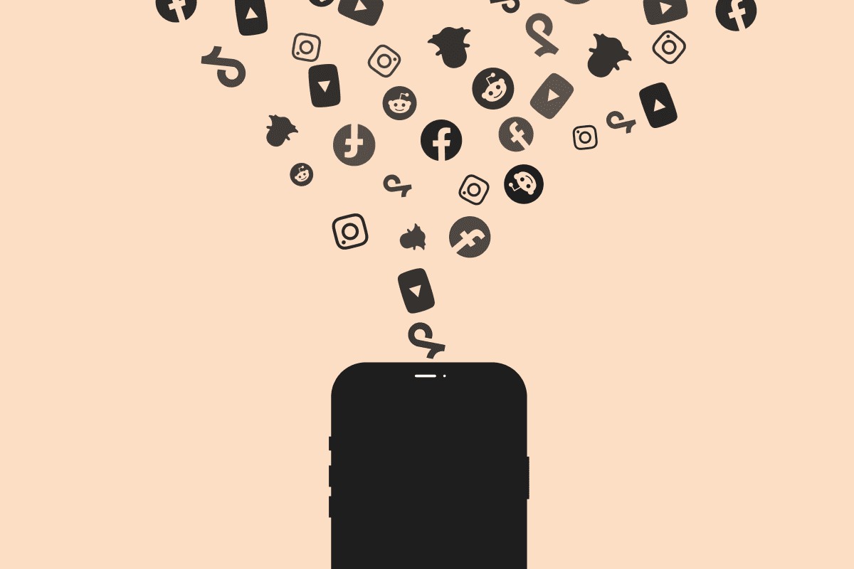 An illustration of the app icons for popular social media apps flowing out of the top of a phone
