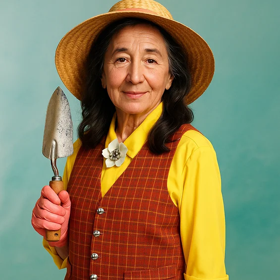 La photo d'une femme retraitée de 67 ans, tenant une pelle de jardin à la main, sereine face aux arnaques en ligne.