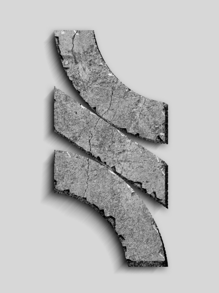 Logotipo gris compuesto por tres segmentos curvos tipo “S”, con textura de roca agrietada y sombra sobre fondo liso.