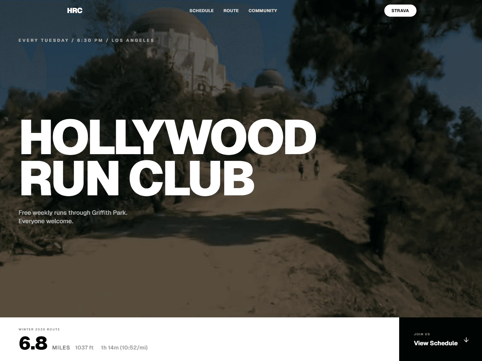 Hollywood Run Club website design, run club example