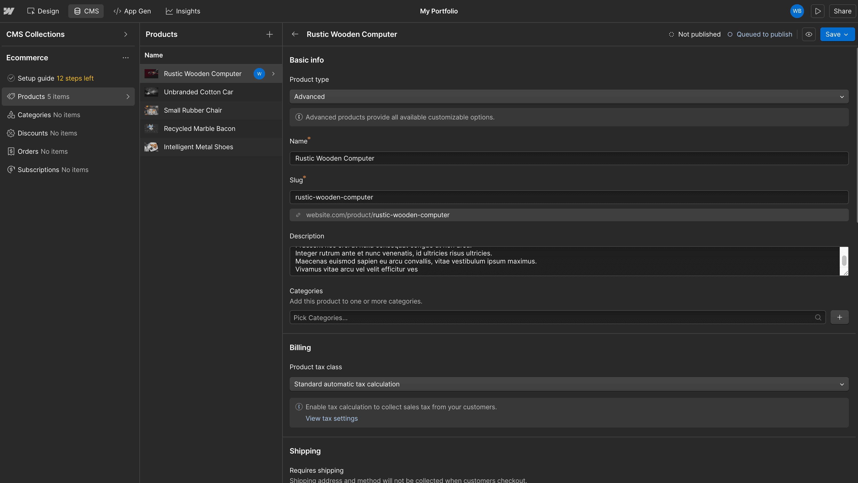 Webflow E-commerce page