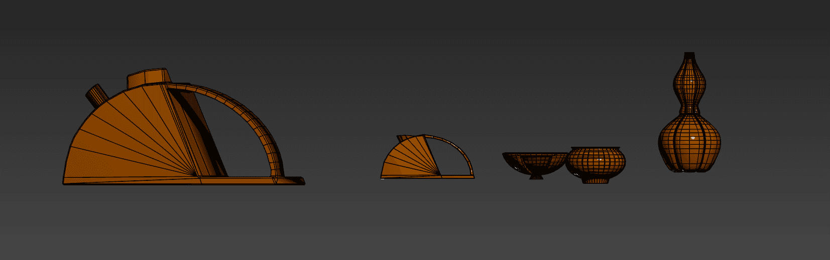 Wireframe views of several Ablution props, including curved containers, bowls and a tall sculptural vessel.