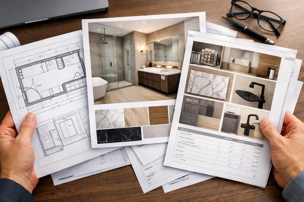 Progetto di ristrutturazione bagno con rendering 3D, planimetrie e scheda materiali su scrivania.