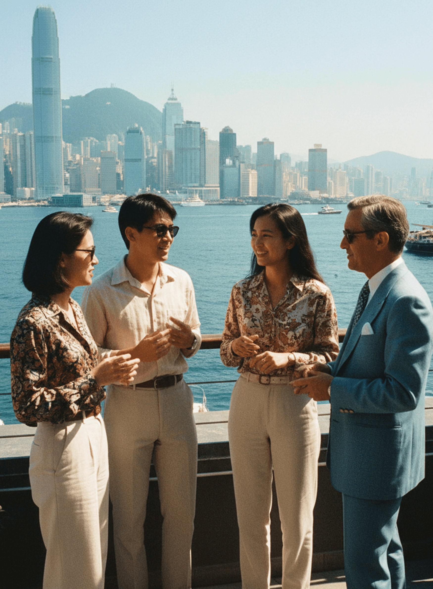 Professionals in classy summer attire networking during the Genesis Festival on a boat deck with the Hong Kong skyline