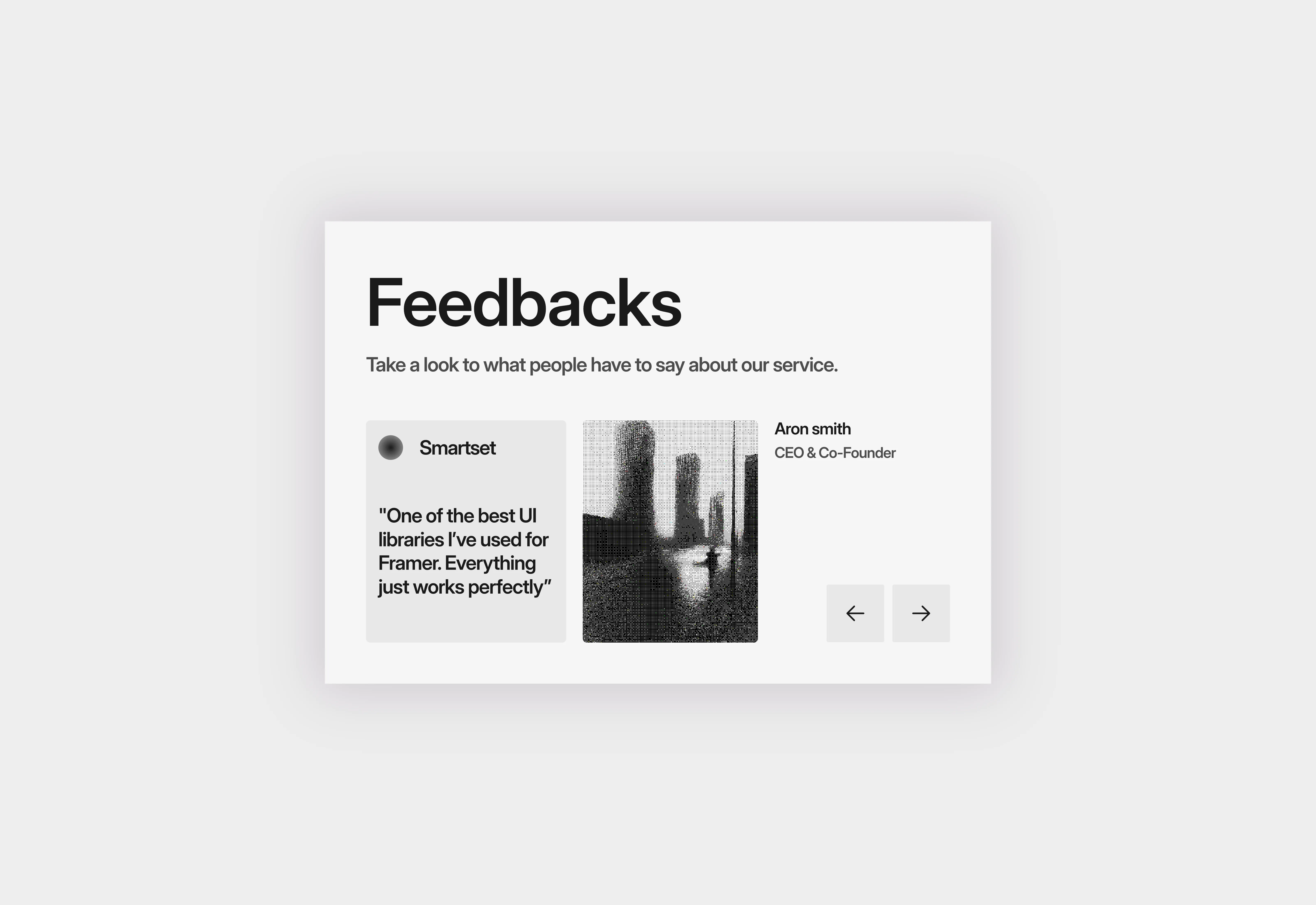 A light themed minimal style testimonials section with slider. The UI optimized for tablet screens.