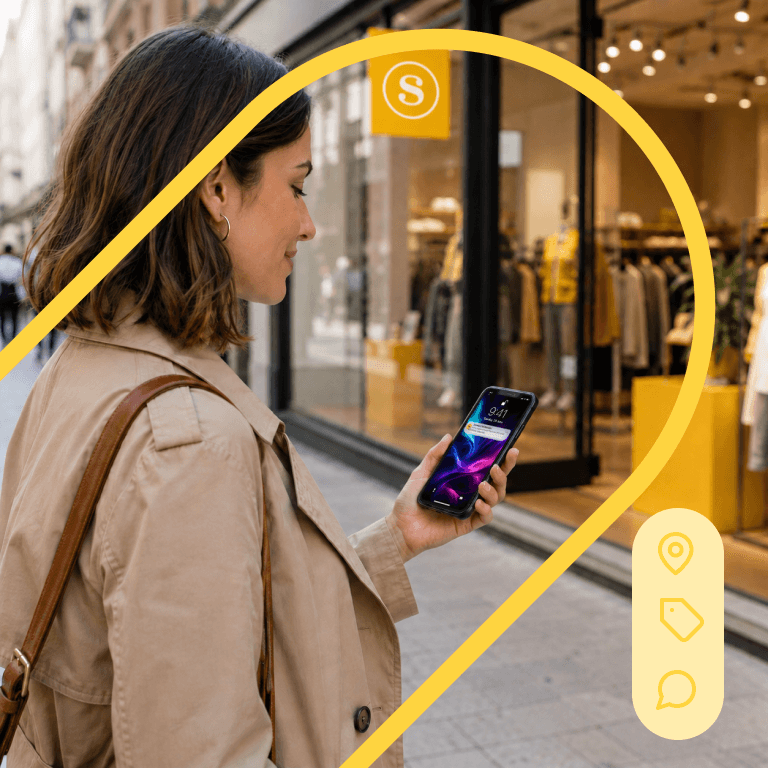 Woman checking geotriggered notification as she passing a store