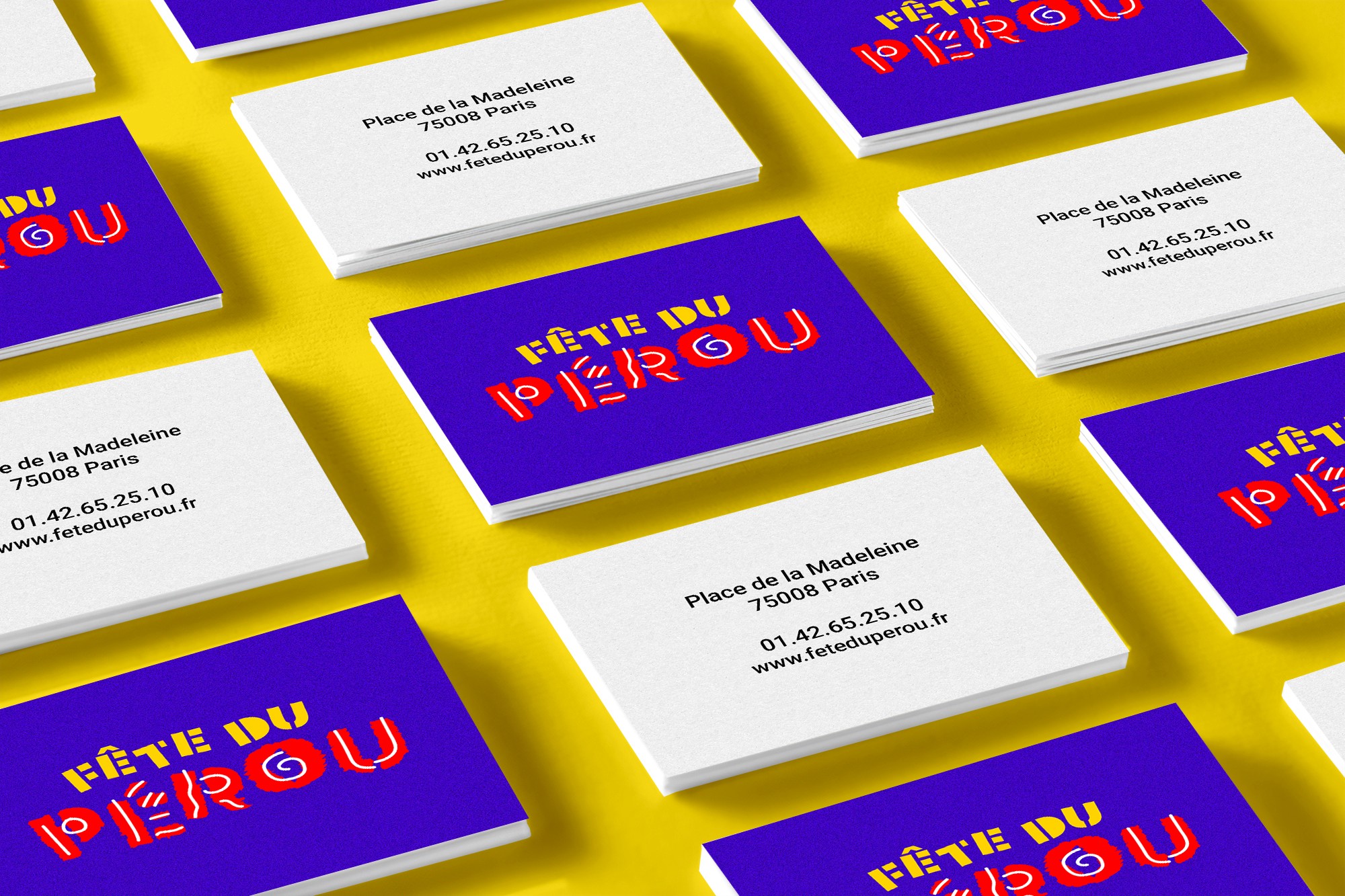 Business card design for Fiestas Patrias Peru, showcasing a bold typographic identity and vibrant color system inspired by Peruvian cultural heritage