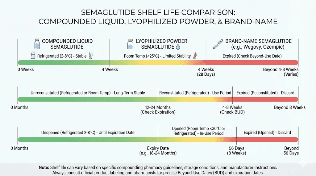 Compounded semaglutide shelf life comparison chart liquid vs powder vs brand name