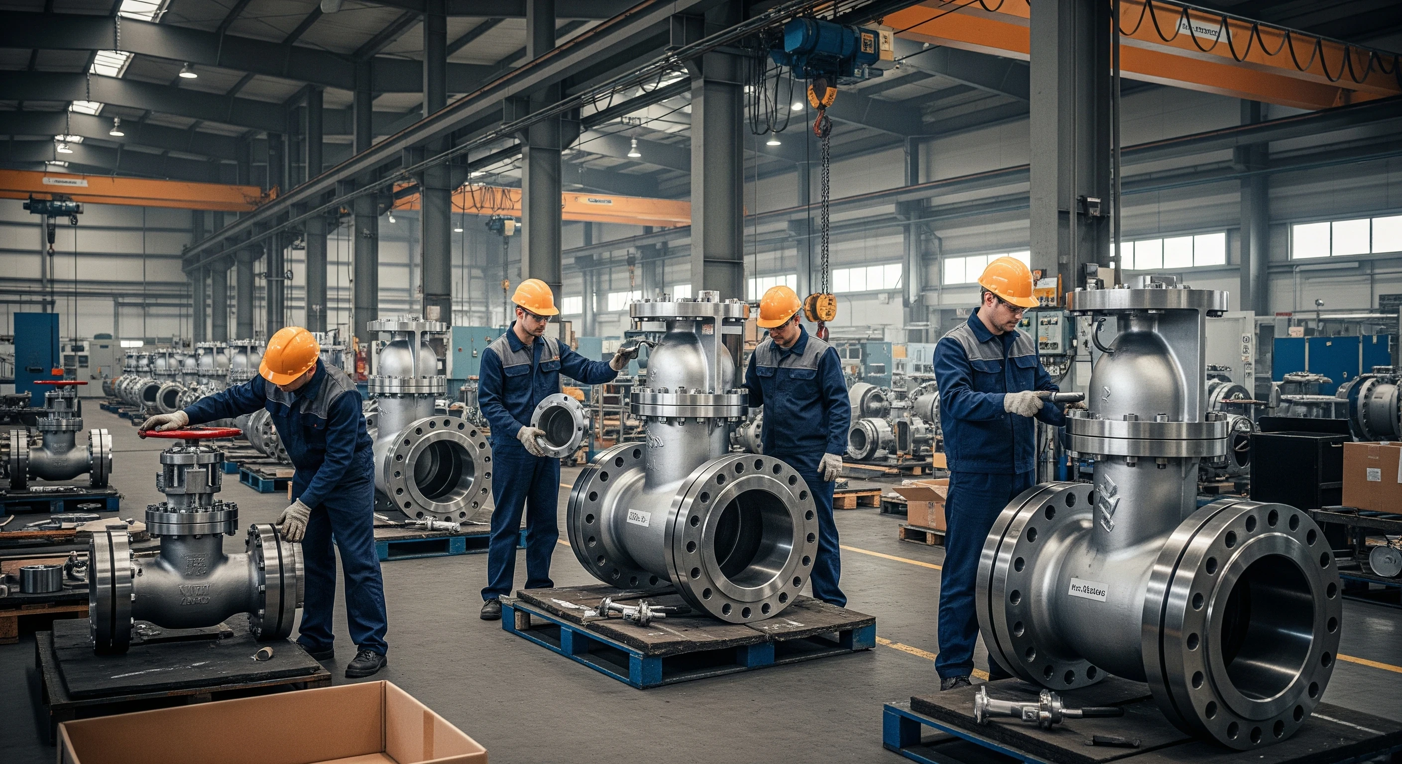 Industrial valve manufacturing facility with valves under inspection and packing