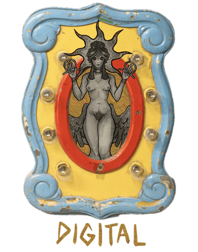 exhibitions and gallery showings portfolio section button, with image of an antique carrousel frame containing theatre box from The Collective Self as Defined by Other People propped up on two hands