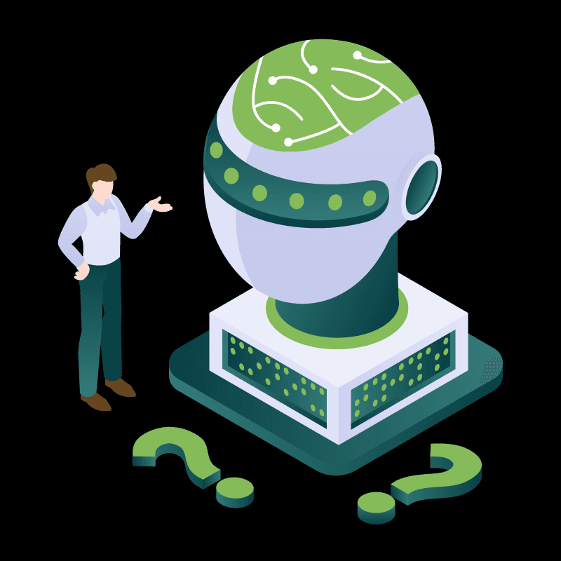 Illustration of a man standing next to an abstract AI brain