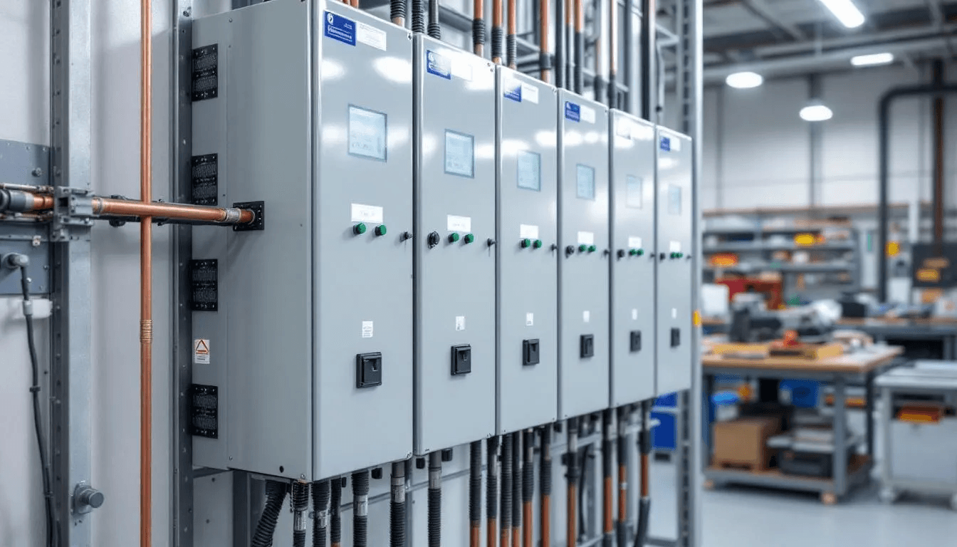 The image depicts a modern electrical equipment installation featuring grounding systems and overcurrent protection, adhering to the 2022 California Electrical Code. Various components are arranged neatly, showcasing compliance with national and state regulations for safe electrical wiring practices.