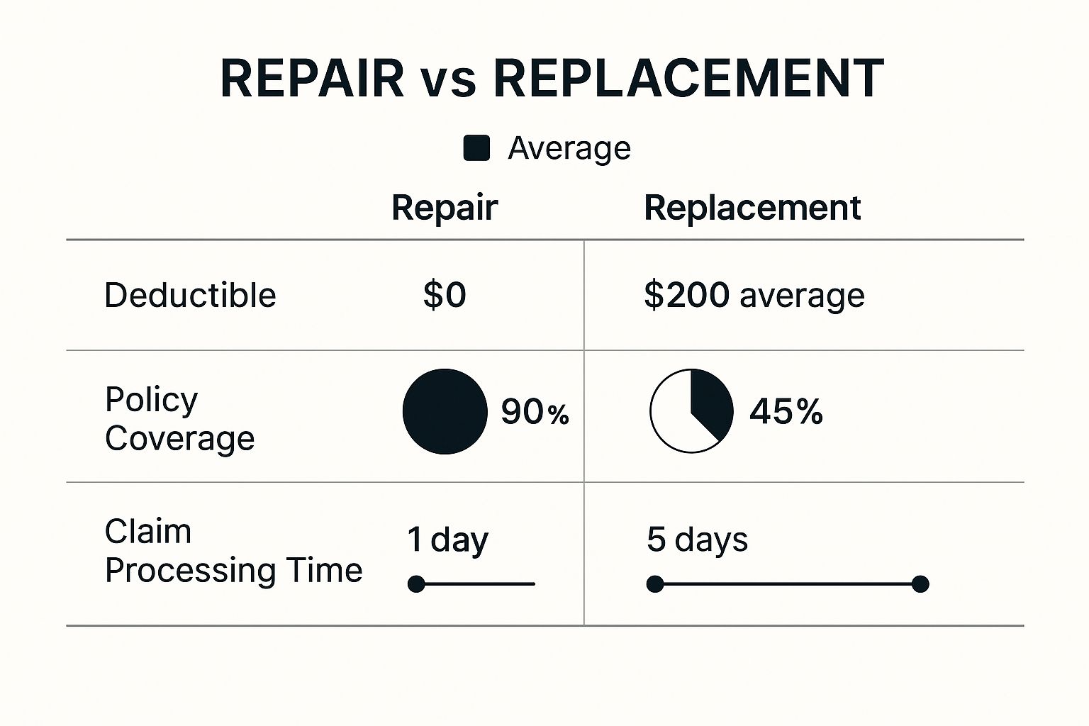 Infographic comparing mobile windshield repair and replacement costs and time with insurance