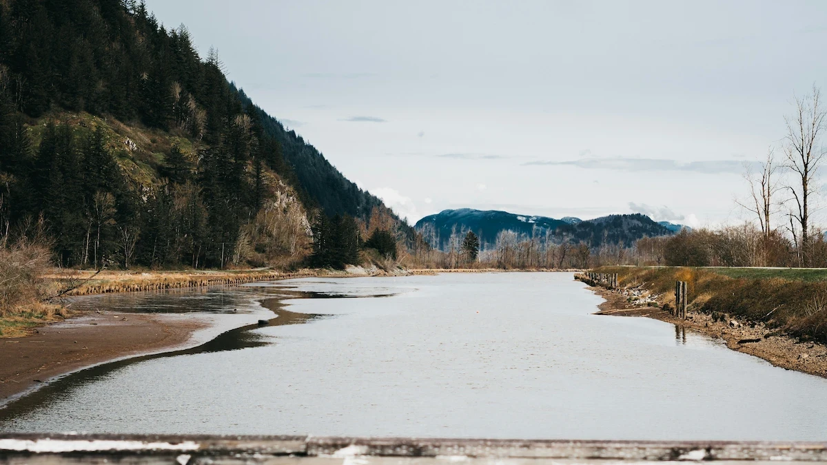 River and mountain landscape in Abbotsford, British Columbia, showcasing the natural scenery of the Fraser Valley region.
