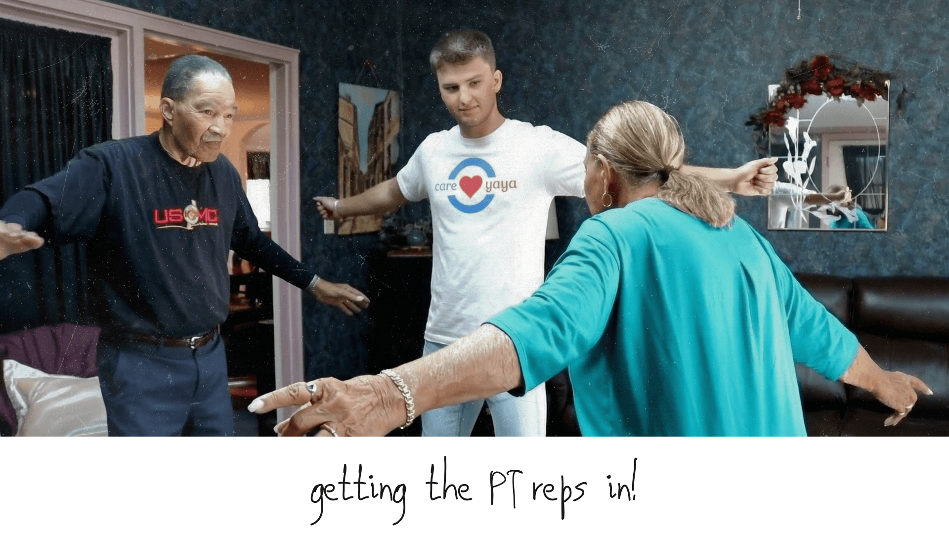 Polaroid image of a CareYaya student helping an older adult couple complete PT exercises