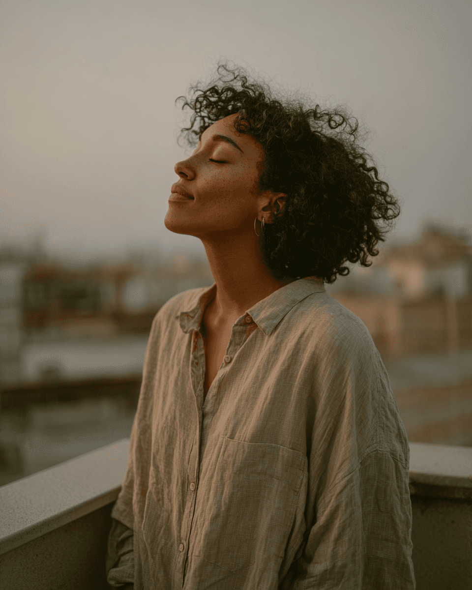 Frau Anfang 30 genießt Tageslicht auf dem Balkon für Vitamin D Produktion