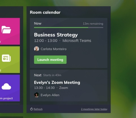 A look at the Room calendar panel on the Launcher home screen, showing a meeting that's on now and one that's scheduled for later in the day