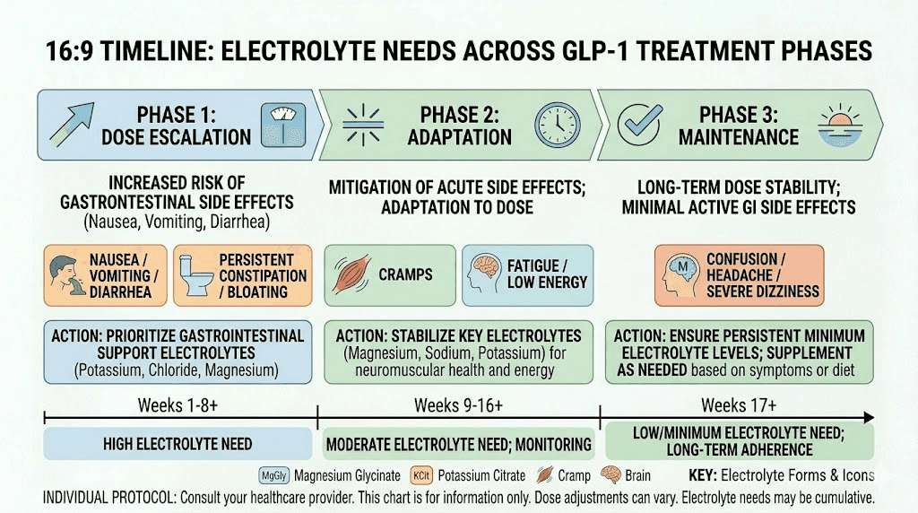 Electrolyte supplementation timeline during GLP-1 medication treatment phases