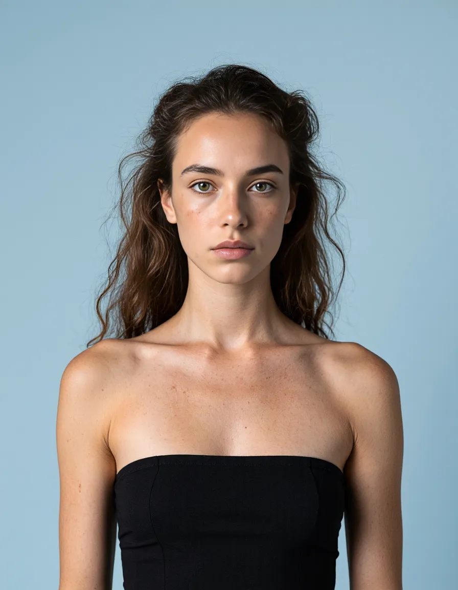 Minimalist portrait featuring a person with wavy brown hair against a light blue background, wearing a simple black top.