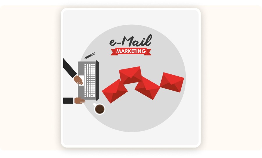 Email marketing illustration with laptop, coffee, and outgoing messages.