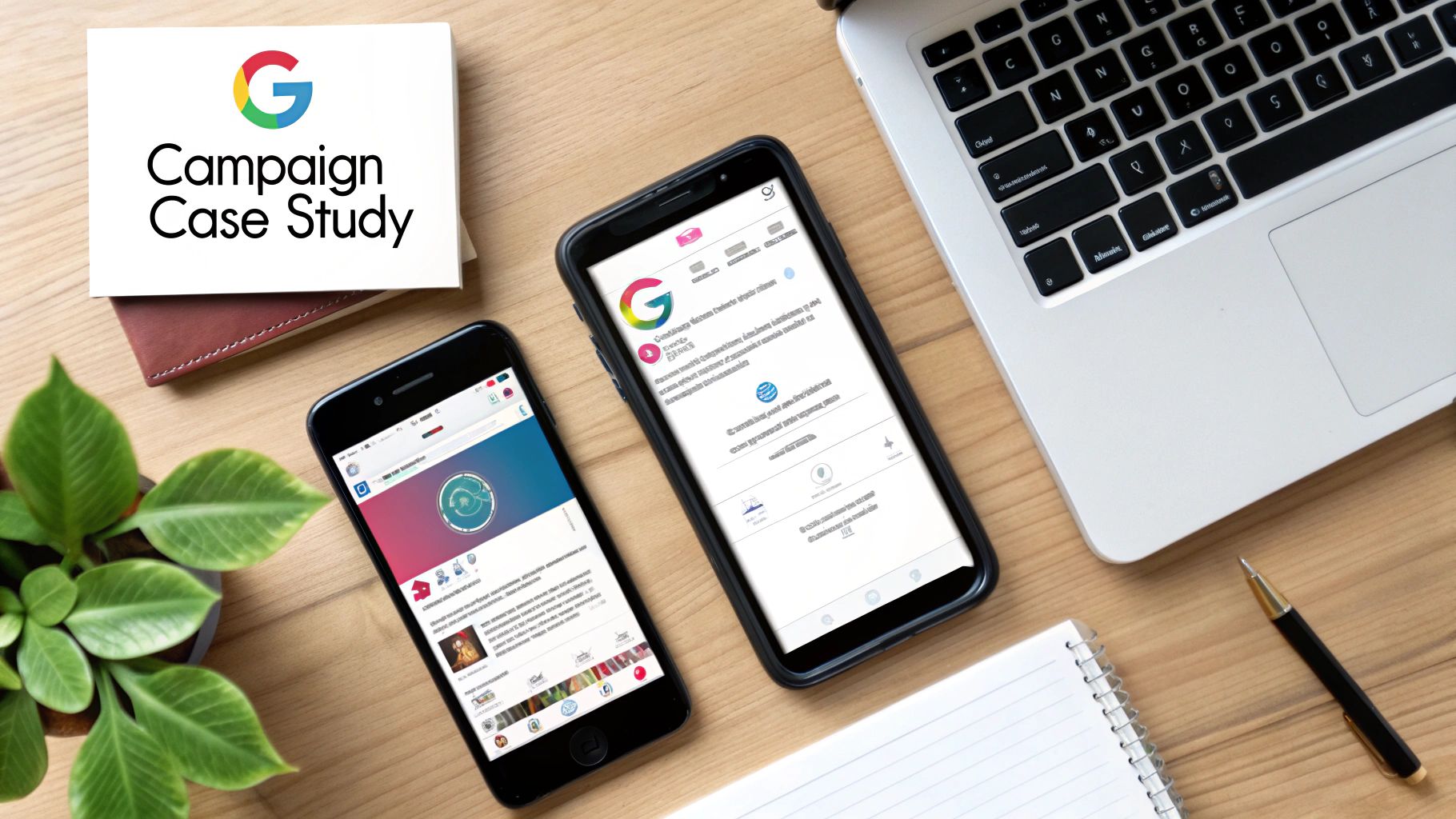 Flat lay of a marketing workspace with Google Campaign Case Study, smartphones, and laptop.