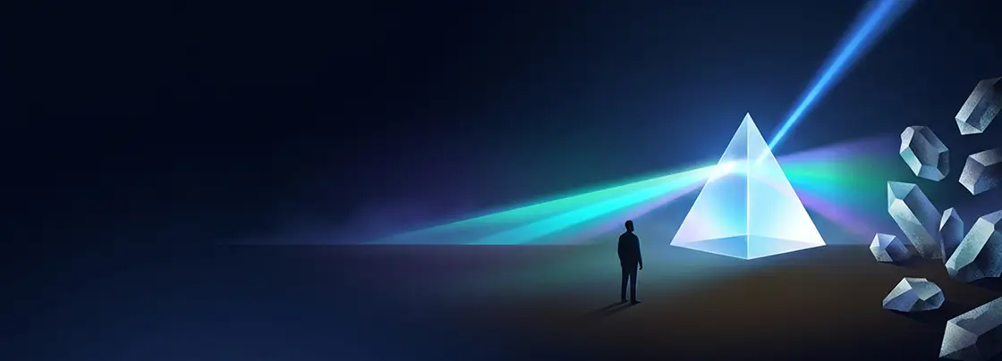 Person standing before a glowing prism refracting light rays