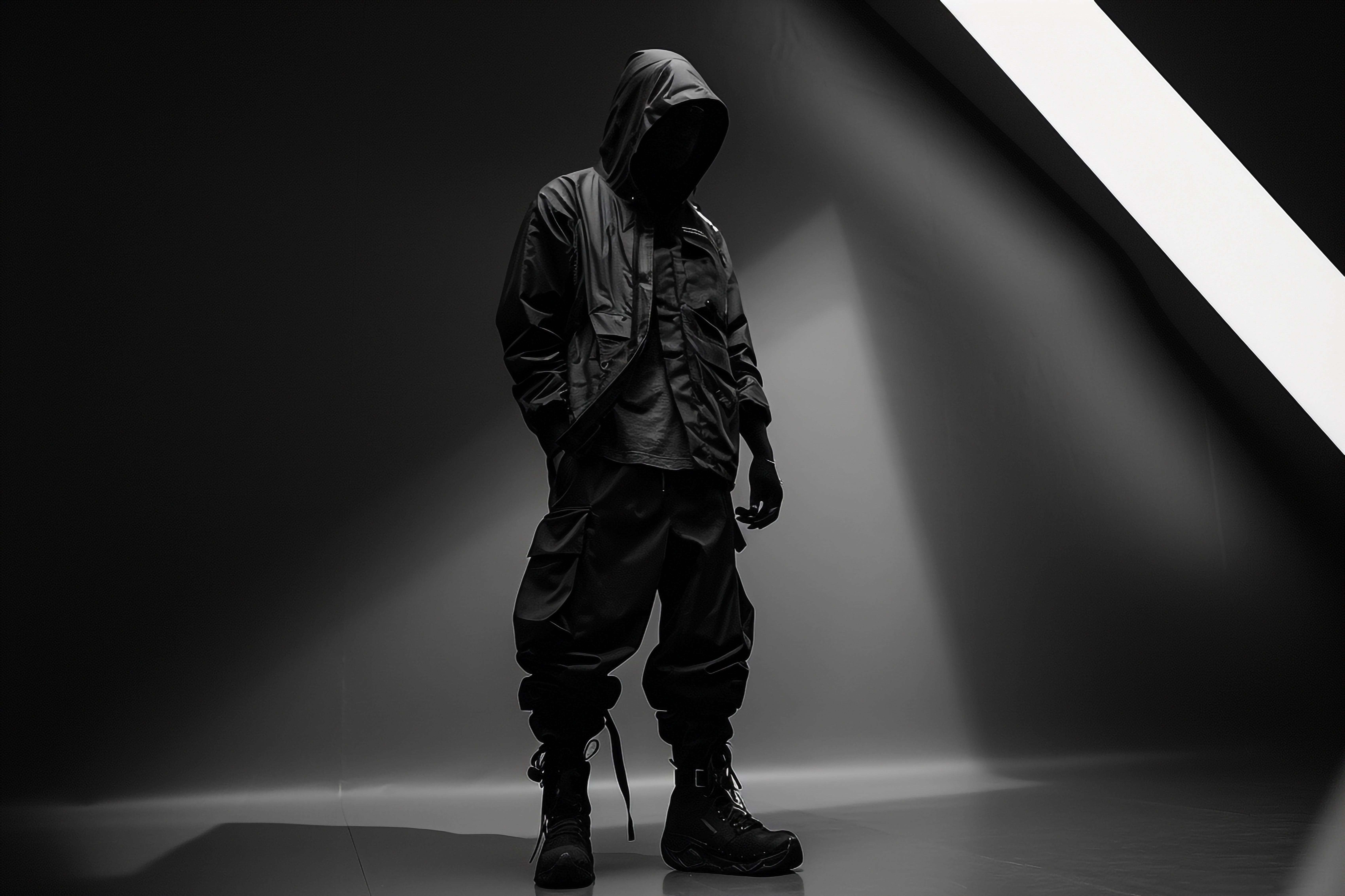  Fashion Model in hooded Outfit Black and White with Chic Background