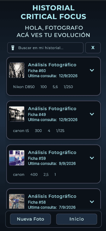 Historial de fotografías y análisis en Critical Focus