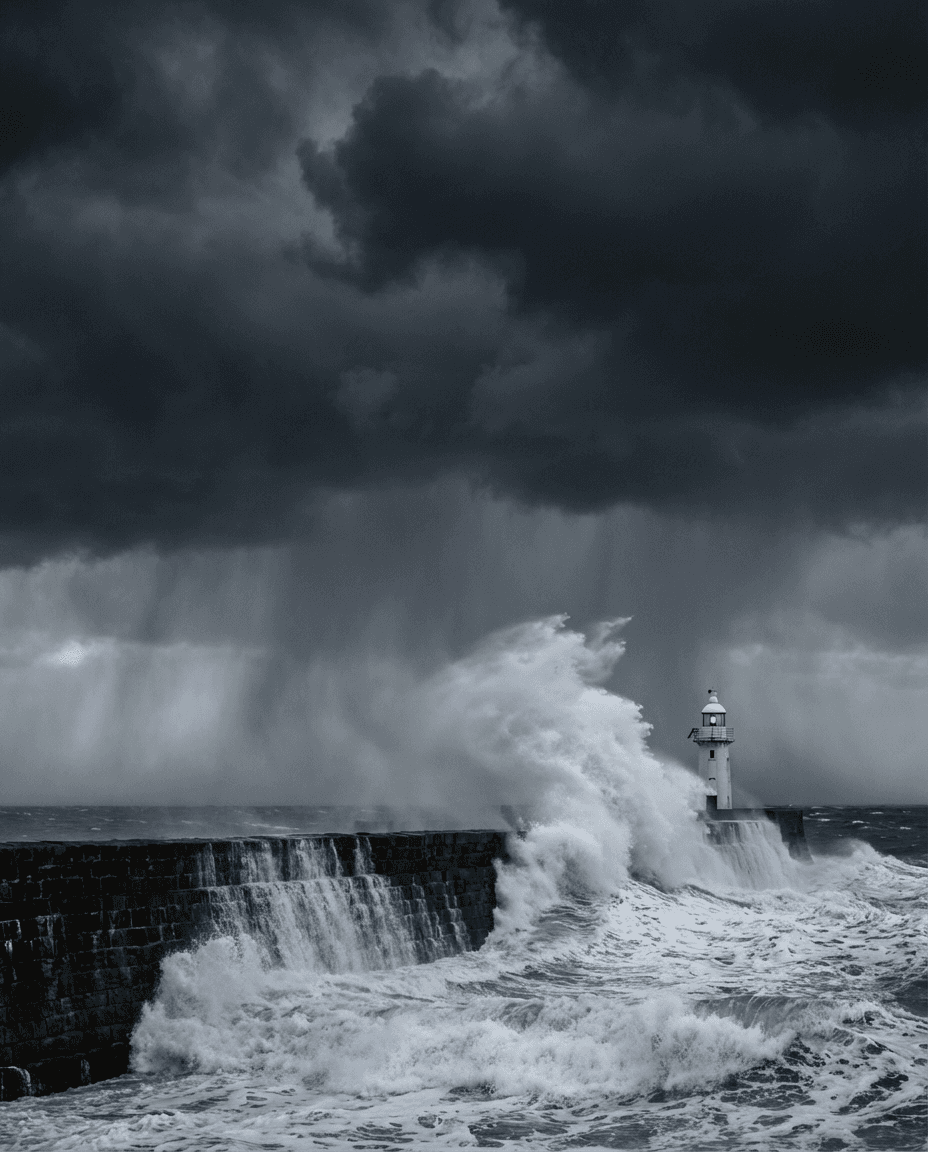 Dramatic UK coastal storm scene with towering waves, dark clouds and heavy rain during Storm Bram.
