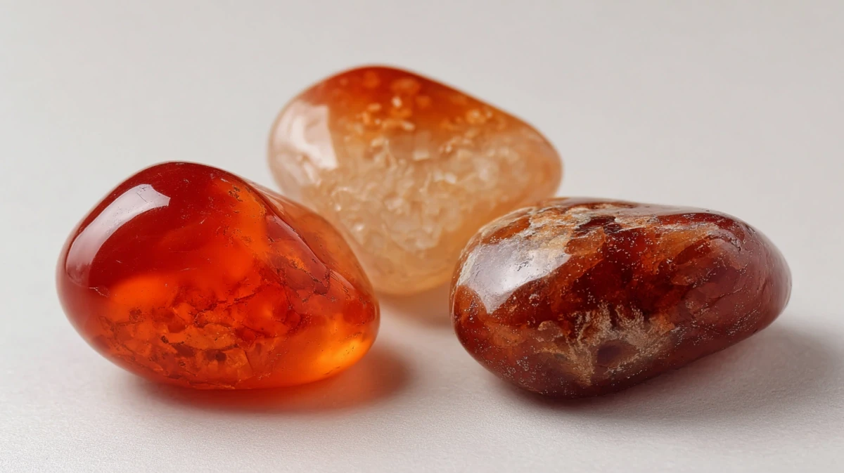 Carnelian stones showing color range from pale orange to deep reddish-brown