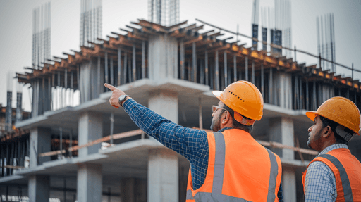 Two construction engineers wearing safety helmets and reflective vests discussing a building under construction.