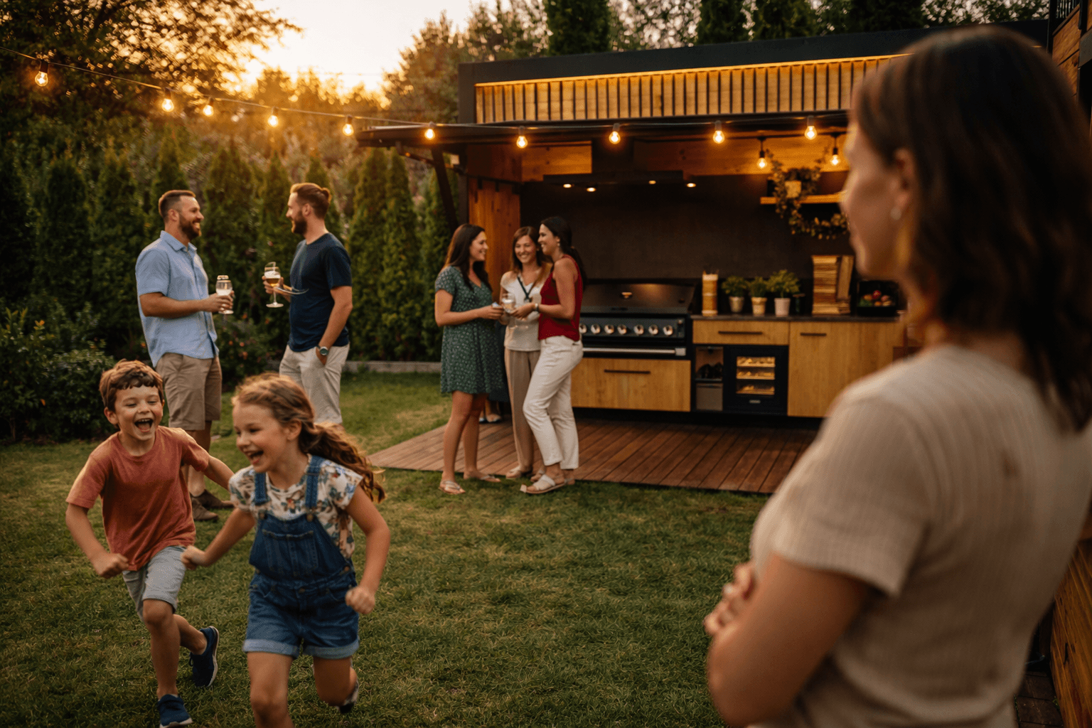kuchnia ogrodowa Outdoor Kitchen Box podczas rodzinnego spotkania w ogrodzie
