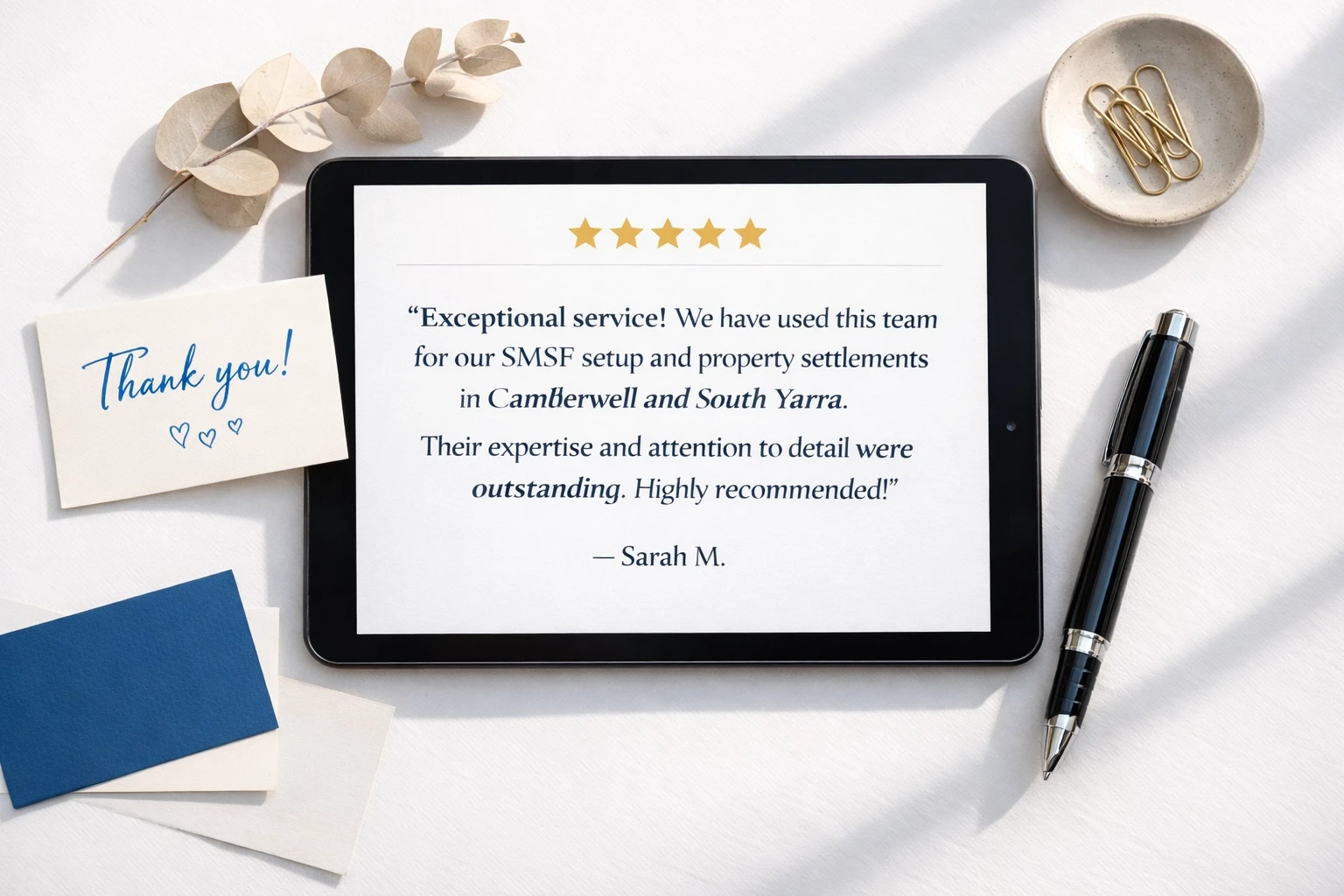 Five-star client review mentioning SMSF services and Melbourne suburb building local search authority