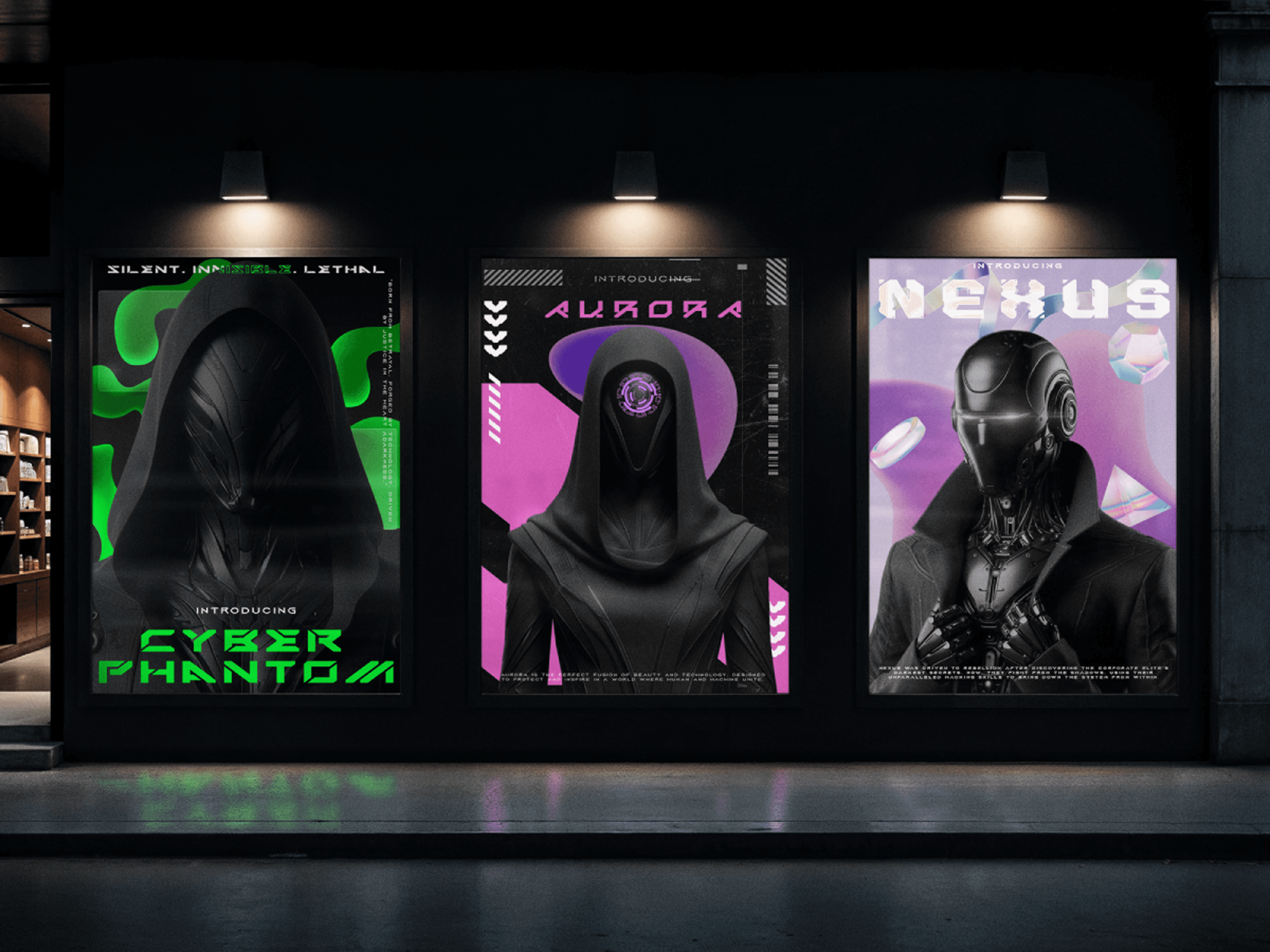 Three campaign posters for Cyber Phantom, Aurora and Nexus displayed on an interior wall.