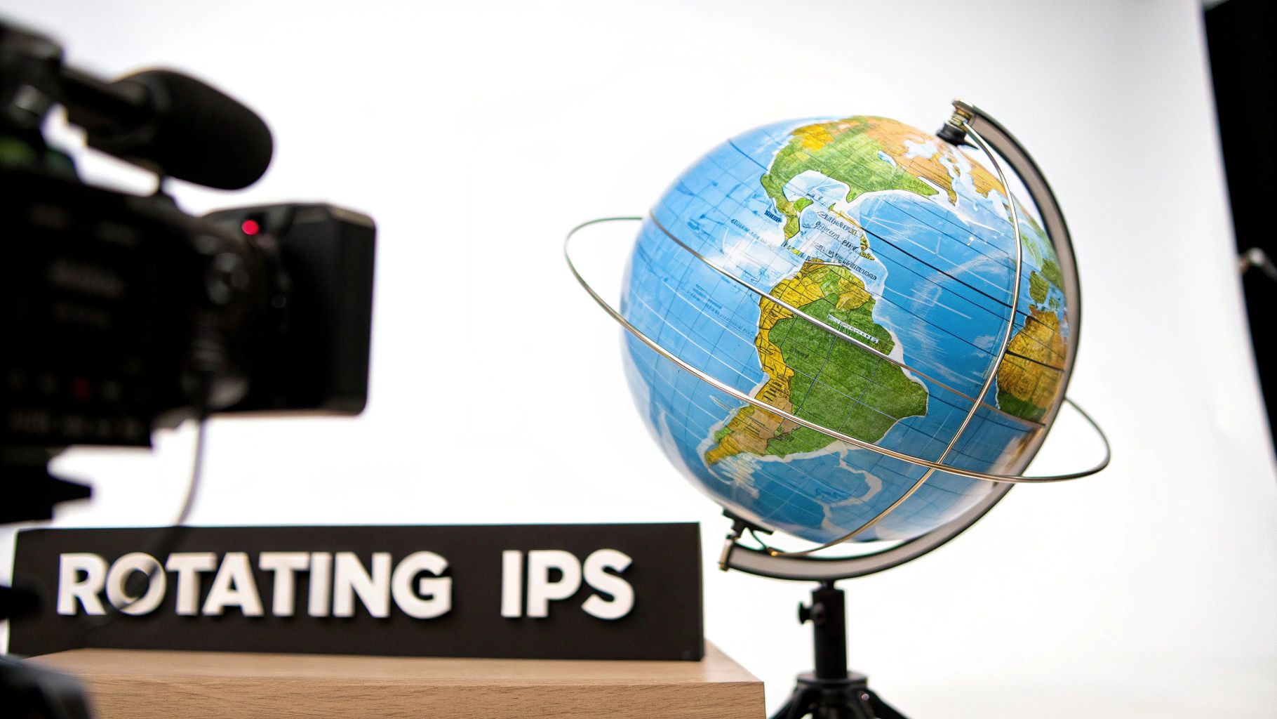 A world globe with a camera in the foreground and a sign reading 'ROTATING IPS'.