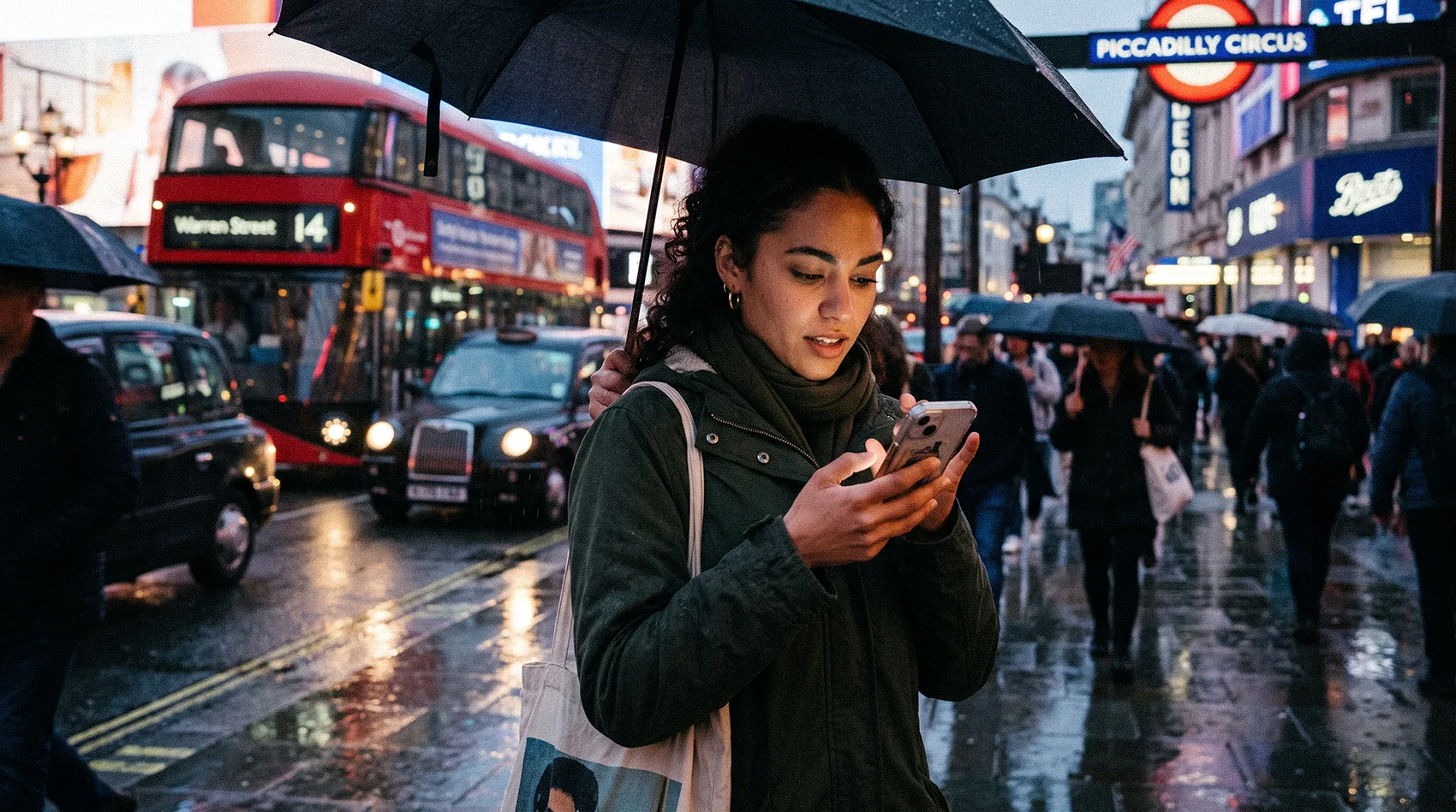 Young woman checking smartphone under umbrella at rainy Piccadilly Circus London, digital world at fingertip speed Mediareach