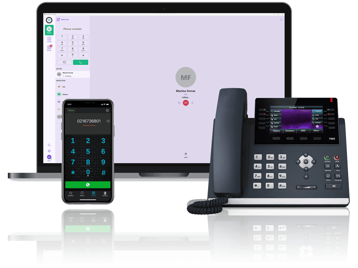 Laptop, smartphone, and desk phone illustrating seamless communication on Othos Telecom’s unified business VoIP platform.