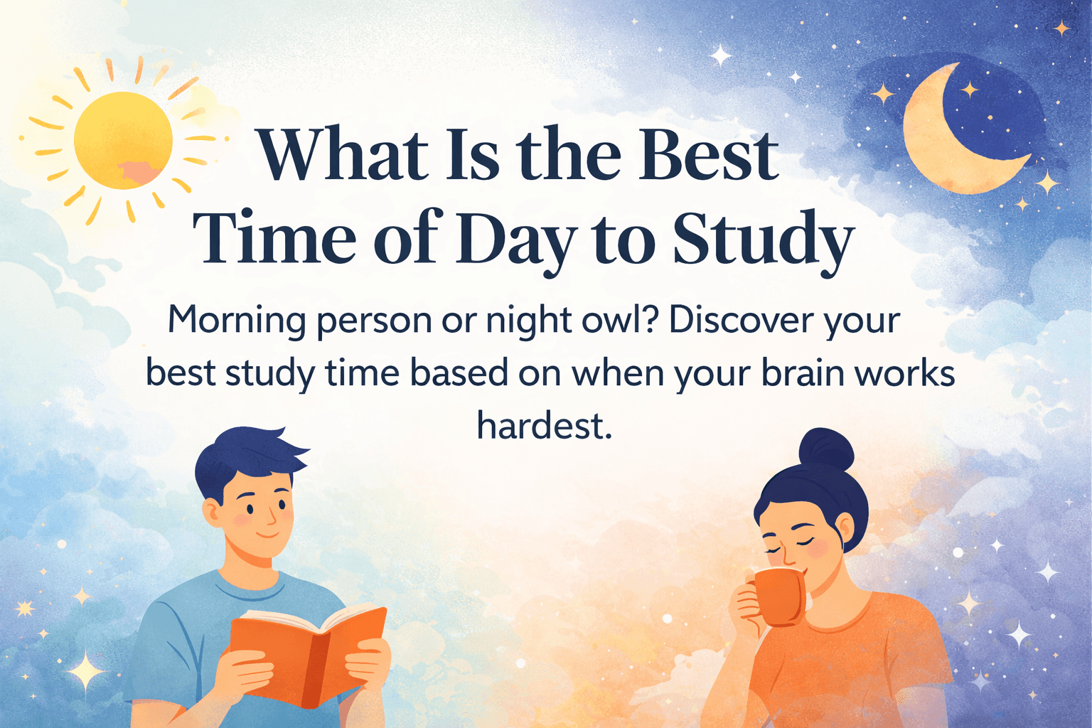 A minimalist poster that says What Is the Best Time of Day to Study, with a sun, moon, and two students studying.