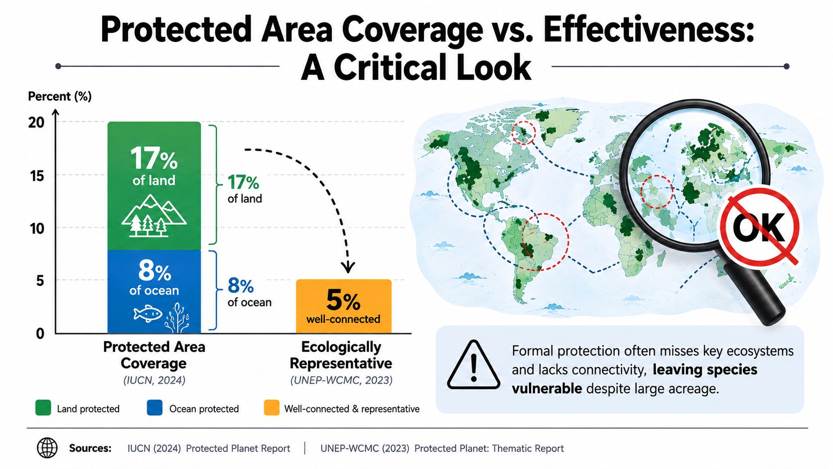 A chart showing protected land and ocean areas, highlighting that only 5 percent is well connected and representative.