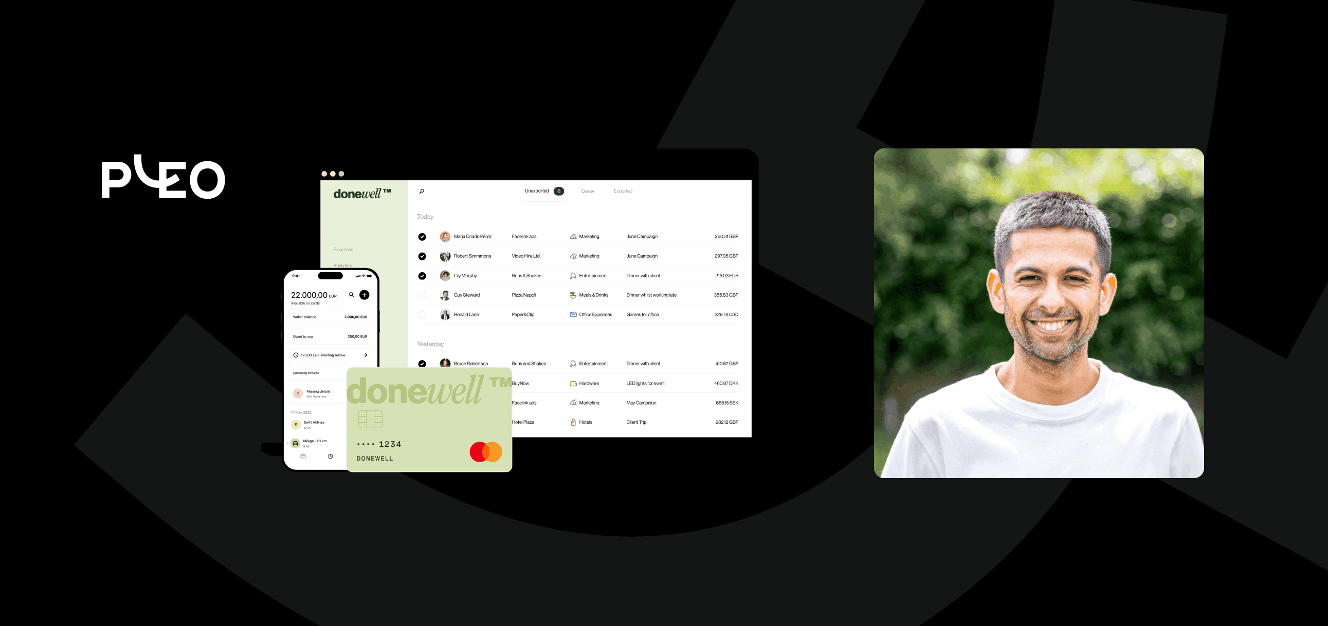 Screenshots showing the Pleo spend management interface, with a branded card overlaying the interface.