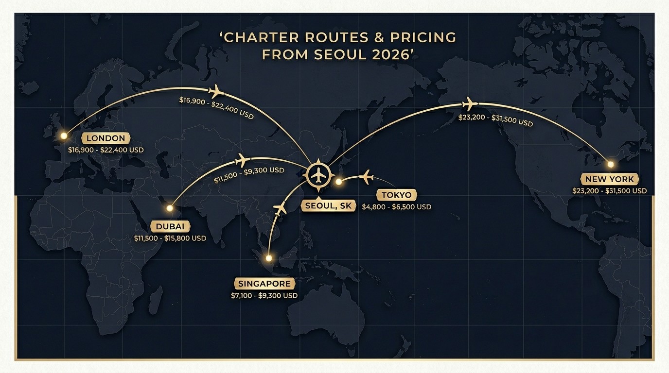 전용기 가격 노선별 비교 인포그래픽 - 서울 출발 도쿄 싱가포르 런던 뉴욕 차터 비용 2026