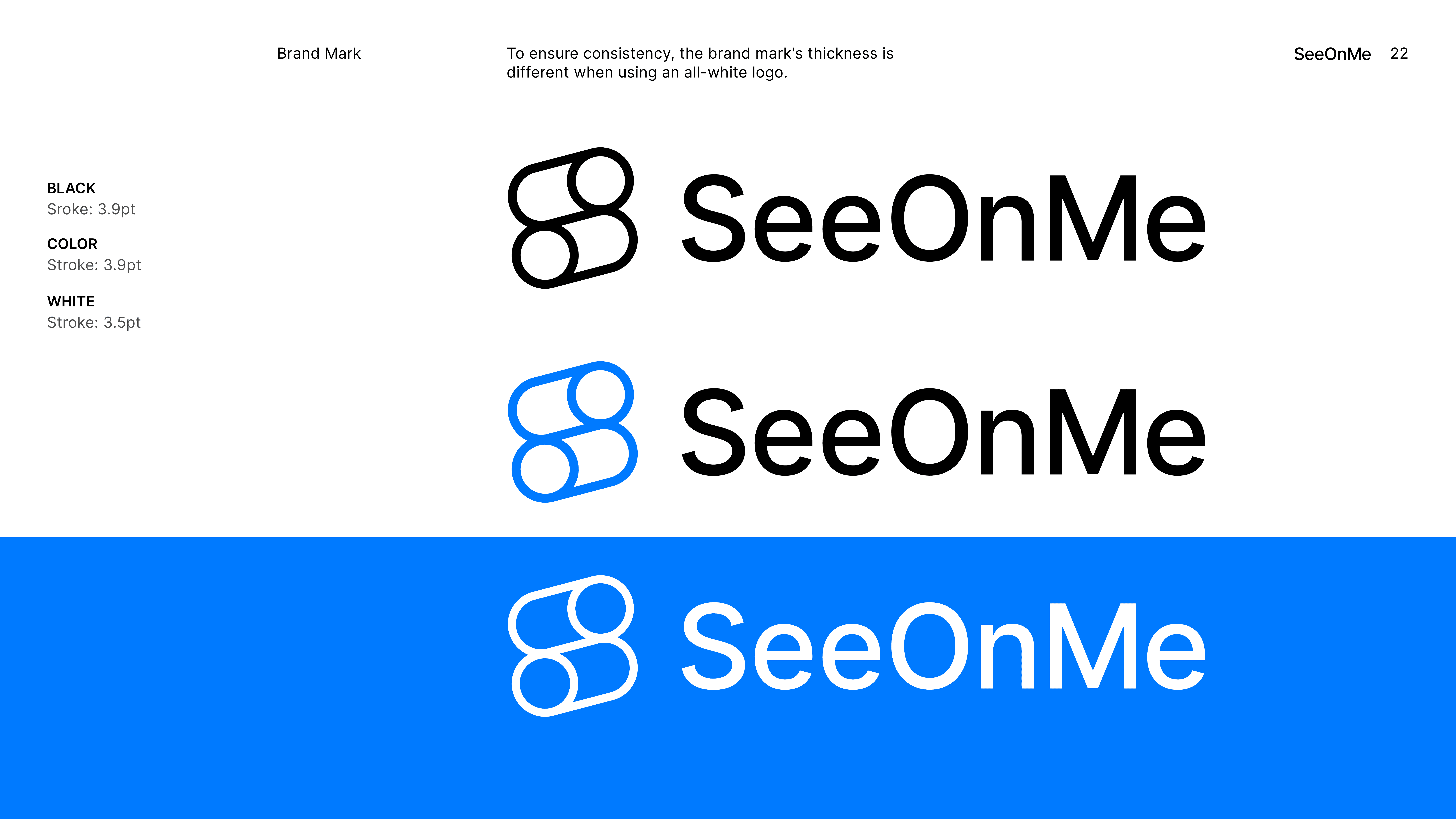 SeeOnMe brand guidelines showing black, blue, and white logo variations with stroke specifications for consistent brand mark usage.