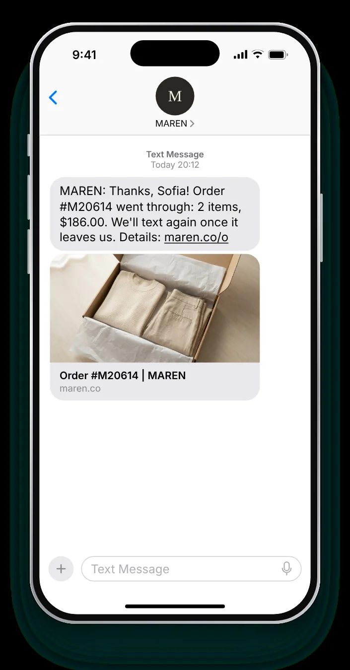 The essentials: number, items, amount order confirmation text on an iPhone