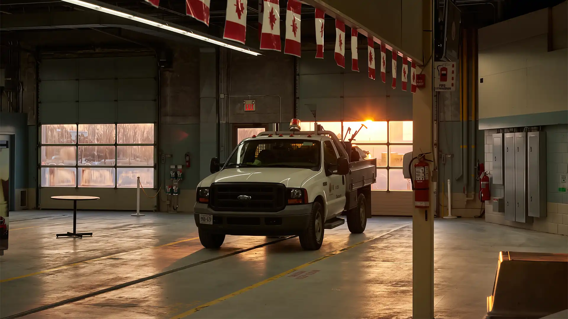 A service vehicle parked inside a large industrial workshop with overhead lighting and national flags hanging from the ceiling.