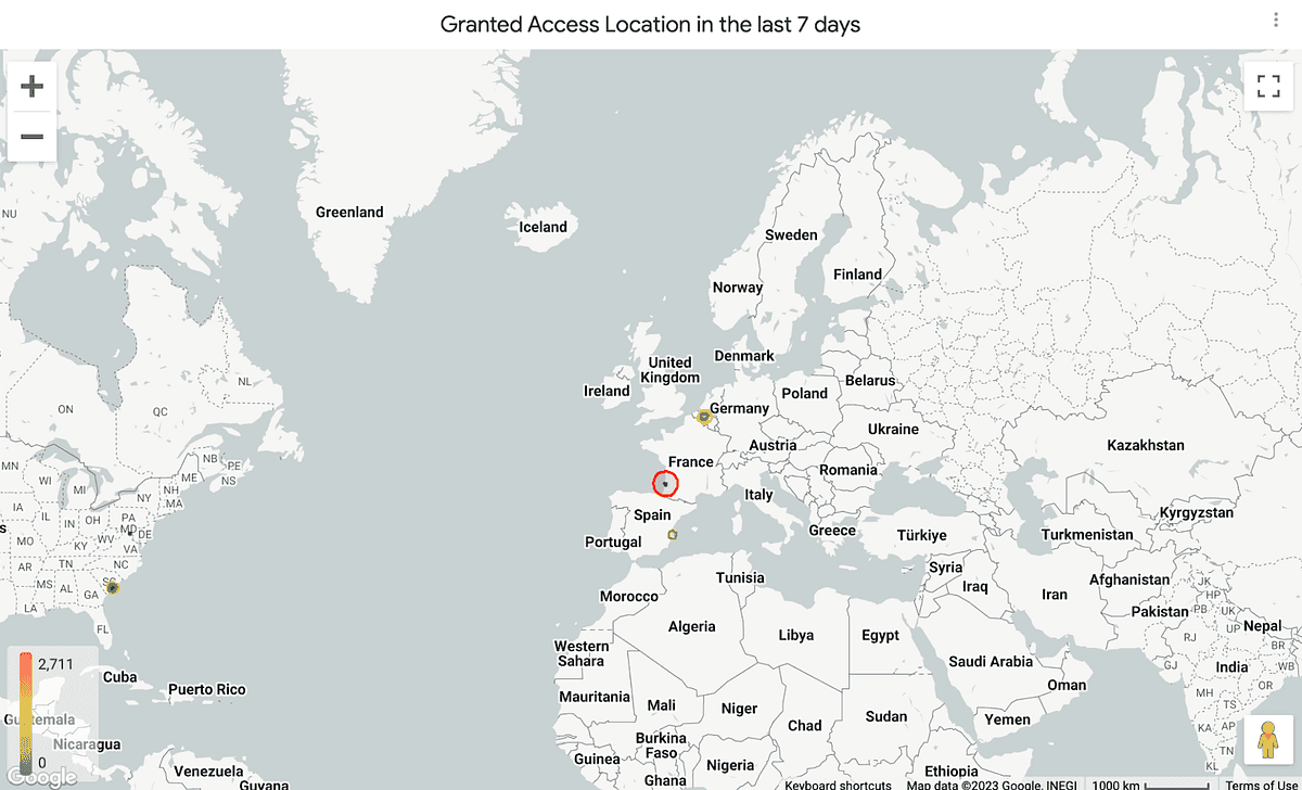 World map highlighting granted access locations over the last 7 days, with markers over multiple countries including a high concentration in Central America and several in Europe