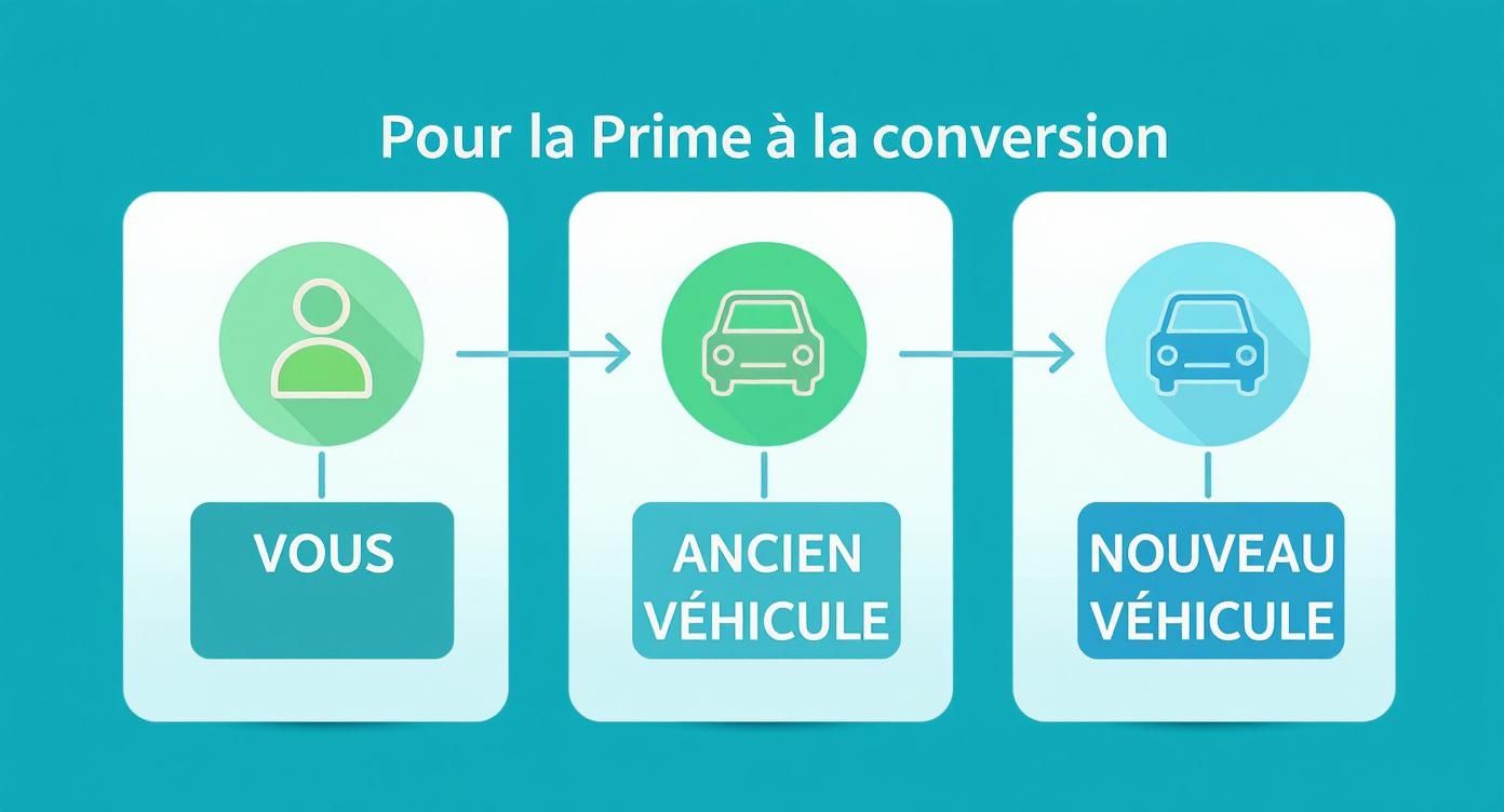 Illustration du processus de la prime à la conversion: vous échangez un ancien véhicule pour un nouveau.