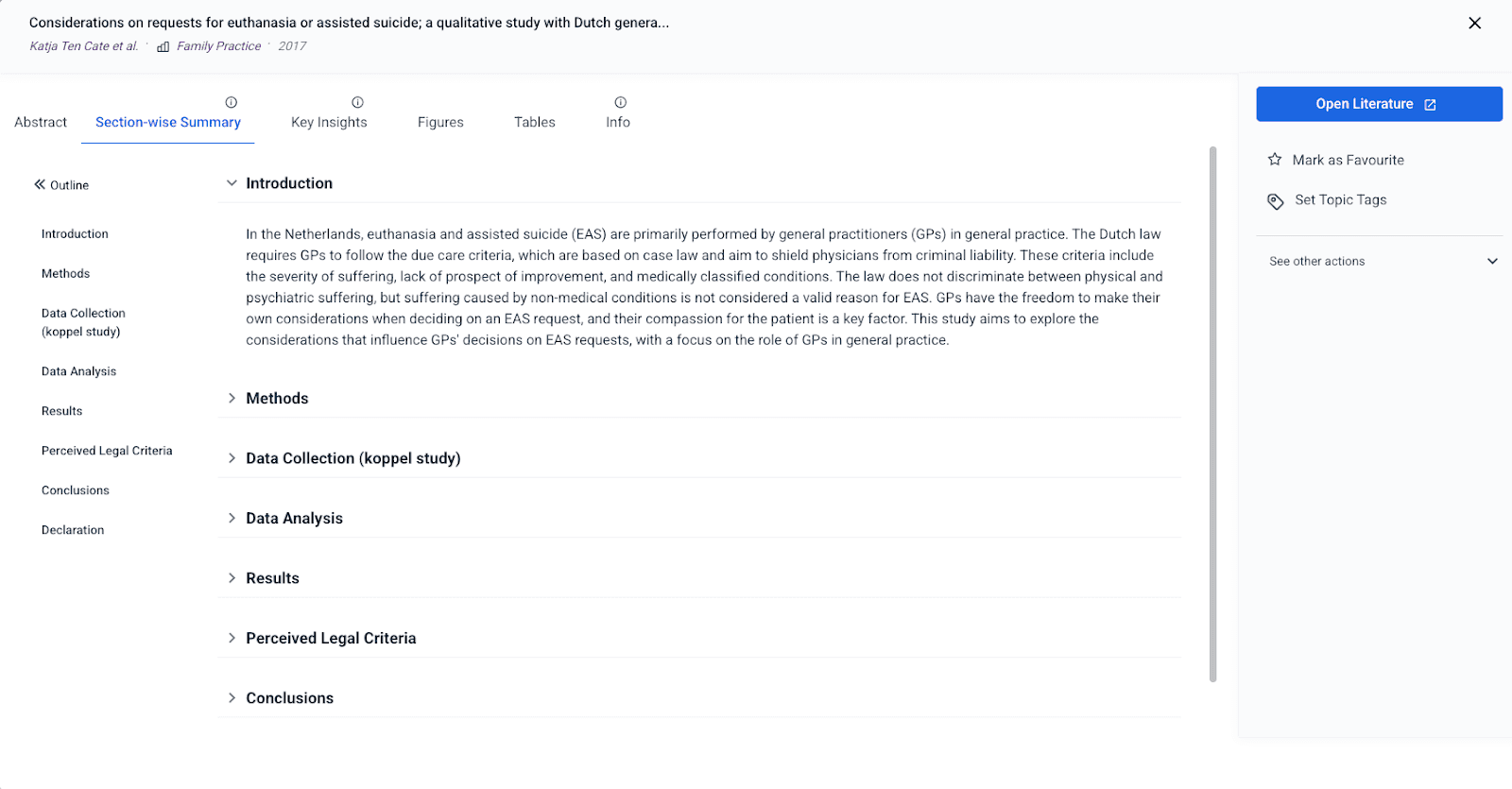 Screenshot of Enago Read’s section-wise summary view for a qualitative study on euthanasia and assisted suicide in Dutch general practice.