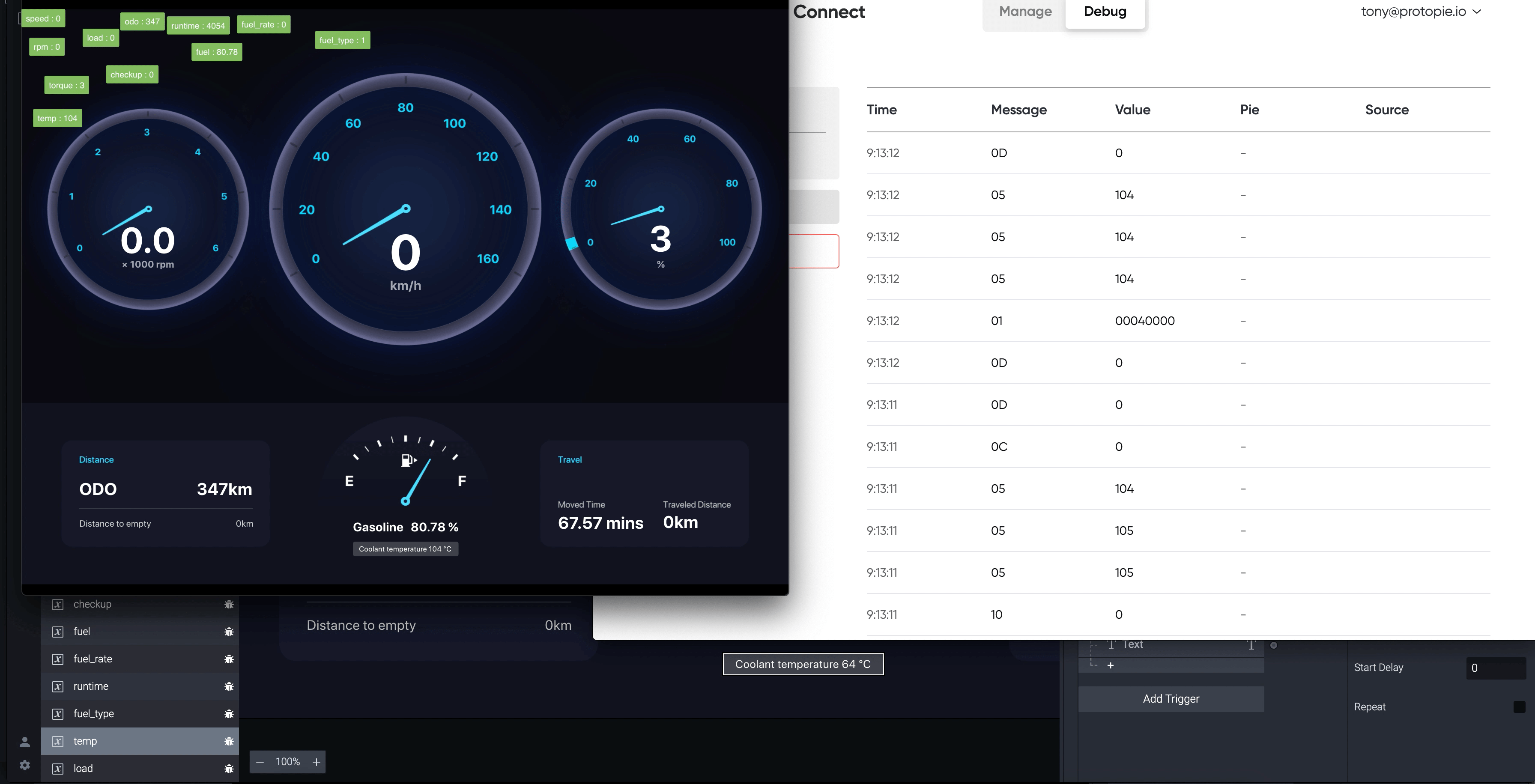gif shows receiving values for vehicle speed