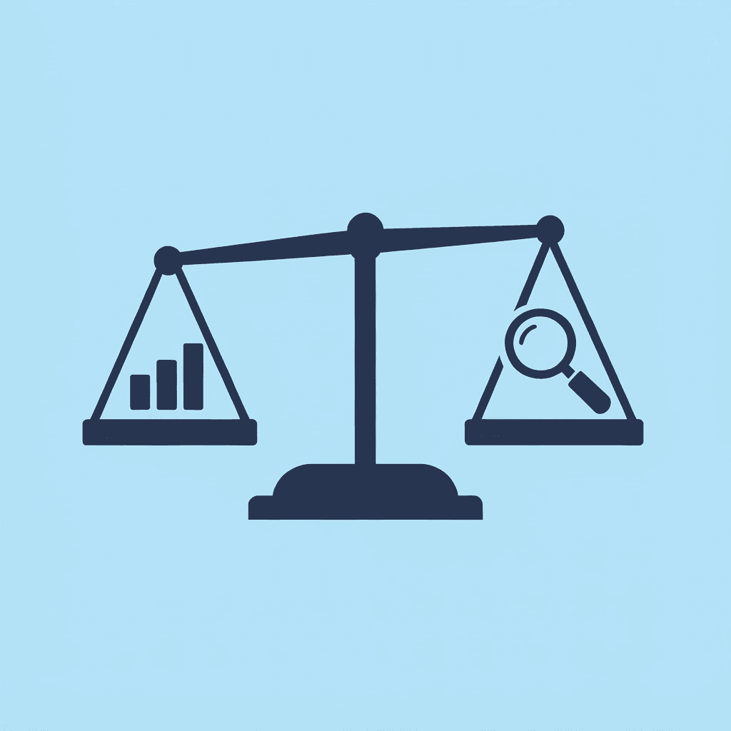 Balance scale showing more data on one side versus credibility and engagement on the other