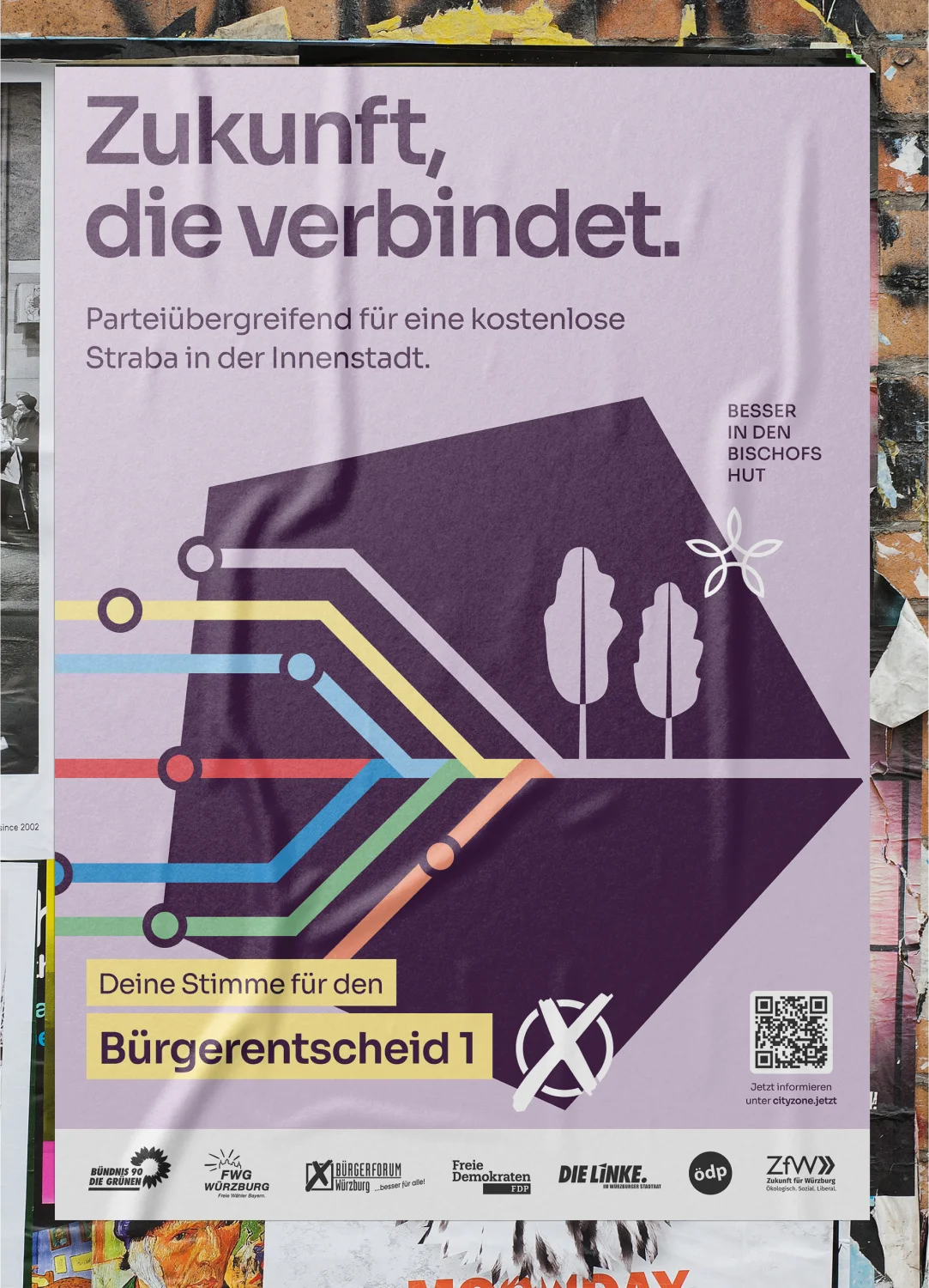 Plakat für den Bürgerentscheid mit dem Slogan ‘Zukunft, die verbindet.’ und der Aufforderung parteiübergreifend für eine kostenlose Straßenbahn in der Innenstadt zu stimmen. Grafik zeigt bunte Linien, die ein Verkehrssystem darstellen. Unten sind Logos von unterstützenden Parteien und Organisationen.